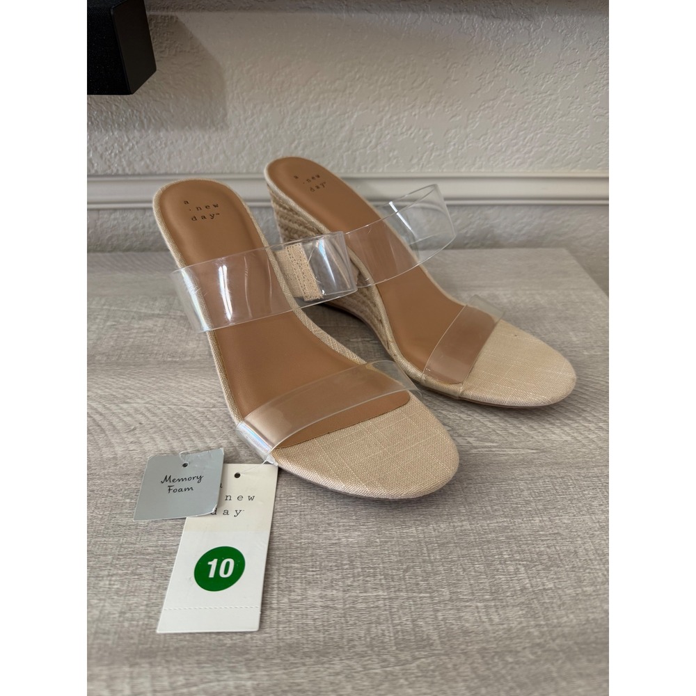 A New Day Womens Clear Double Strap Espadrille Wedge Sandals Tan NWT Size 10